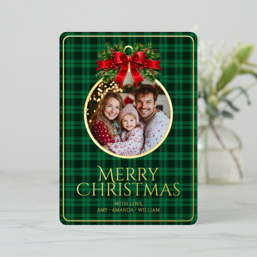 Kerst Modern Tartan Green Plaids Familiefoto Folie Feestdagenkaart (Staand Voorkant)