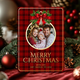 Kerst Modern Tartan Red Plaids Familiefoto Folie Feestdagenkaart