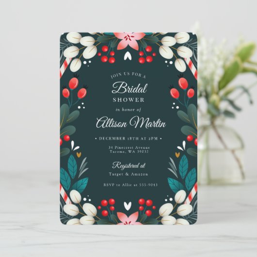 Kerst Moderne Bloem Teal Rode Bruidsmeisjes Borrel Kaart (Staand voorkant)