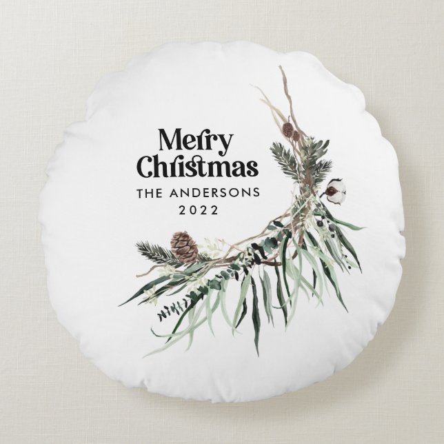 Kerst-moderne elegante waterverf botanische cera rond kussen (Voorkant)