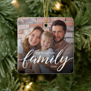 Kerst Moderne Familie Script Foto Gepersonaliseerd Keramisch Ornament