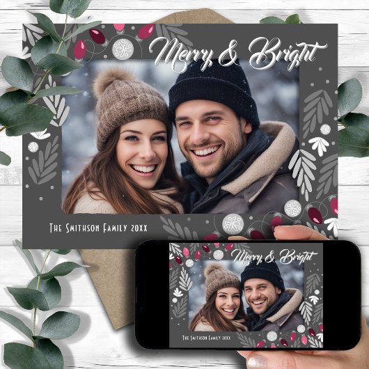 Kerst Moderne Roze Lichten Eén Foto Kaart