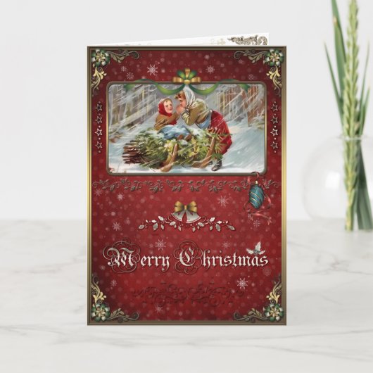 Kerst, moeder en dochter in een winterbos. feestdagen kaart (Voorkant)