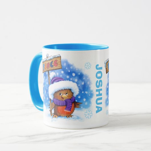 Kerst mok aangepaste naam Peace Robin (Voorkant links)