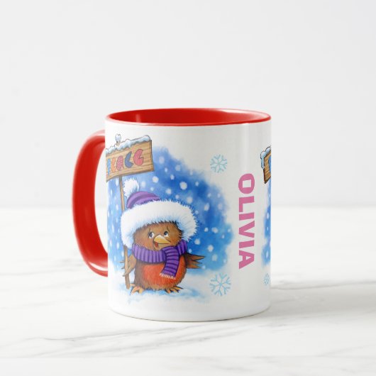Kerst mok aangepaste naam Peace Robin (Voorkant links)