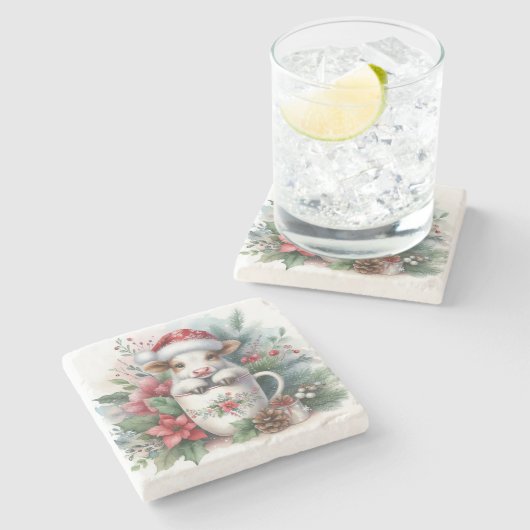 Kerst Mok Koe Stenen Onderzetter (Zijkant)