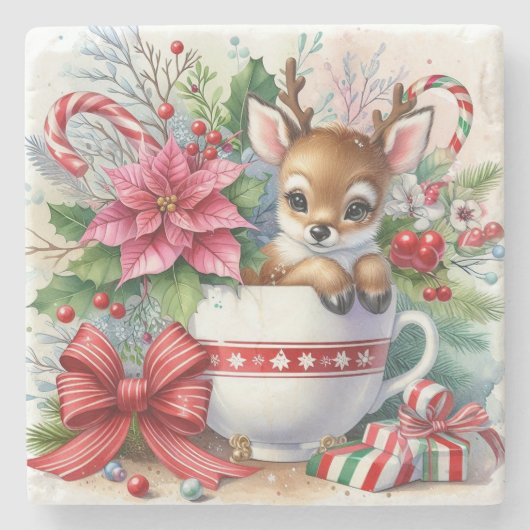 Kerst Mok rendieren 3 Stenen Onderzetter (Voorkant)