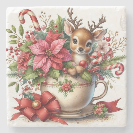 Kerst Mok rendieren 4 Stenen Onderzetter (Voorkant)