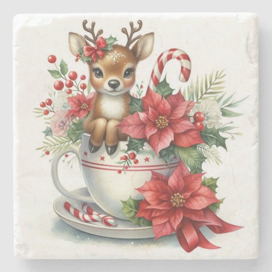 Kerst Mok rendieren 8 Stenen Onderzetter (Voorkant)