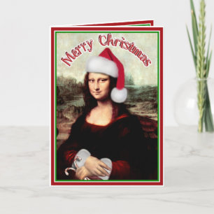 Kerst Mona Lisa Met Santa Hoed Feestdagen Kaart