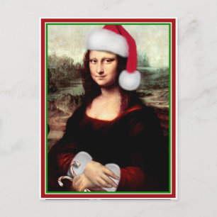 Kerst Mona Lisa met Santa hoed Feestdagenkaart