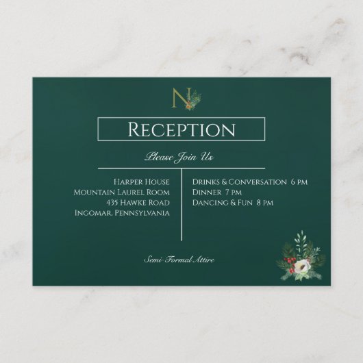 Kerst Monogram Bruiloft Receptie Informatiekaartje (Voorkant)