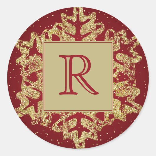 Kerst Monogram Glitter Sneeuwvlok Rood Goud Ronde Sticker (Voorkant)