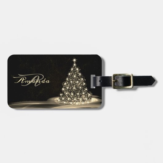 Kerst Monogram Gouden Glanzende Boom Winter Zwart Bagagelabel (Voorkant horizontaal)