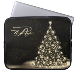Kerst Monogram Gouden Glanzende Boom Winter Zwart Laptop Sleeve