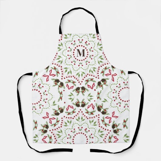 Kerst Monogram groen gebladerte Holly bessen Schort (Voorkant)