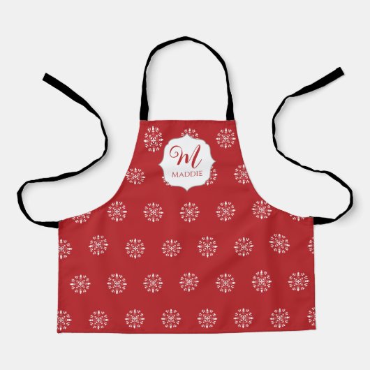 Kerst Monogram Kerstsneeuwvlok Rood Schort (Voorkant)