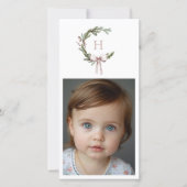 Kerst Monogram Krans Blush Bow Foto Feestdagenkaart (Voorkant)