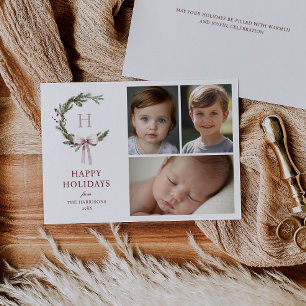 Kerst Monogram Krans Blush Bow Foto Feestdagenkaart