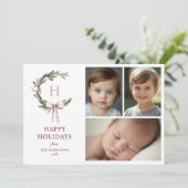 Kerst Monogram Krans Blush Bow Foto Feestdagenkaart (Staand voorkant)