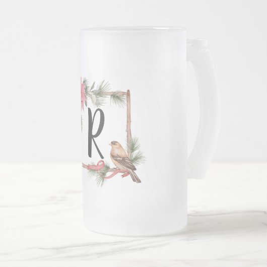 Kerst Monogram Lijst met Vogels en Poinsettia Matglas Bierpul (Voorkant rechts)