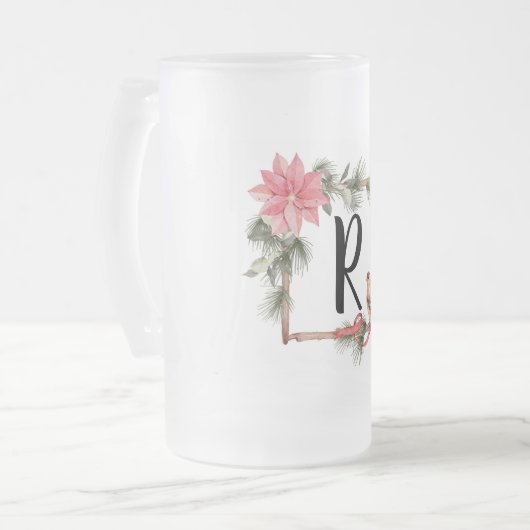 Kerst Monogram Lijst met Vogels en Poinsettia Matglas Bierpul (Voorkant links)