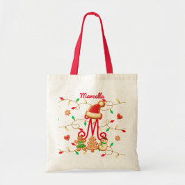 Kerst Monogram Naam Custom Gingerbread Rood Tote Bag