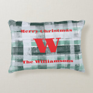 Kerst monogram plaid tartan groen wit rood accent kussen