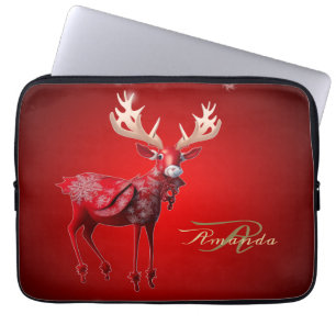 Kerst Monogram Rode Rendier Winter Vakantie Laptop Sleeve
