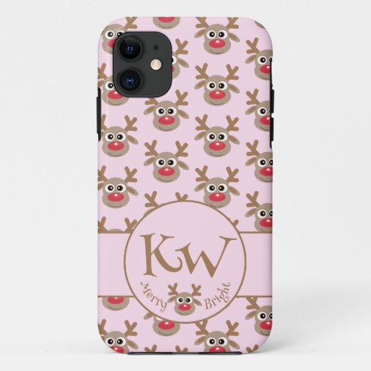Kerst Monogram Roze Schattige rendierpatroon Case-Mate iPhone Case (Achterkant)