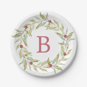 Kerst Monogram Winter Groene Bladeren Bessen Papieren Bordje