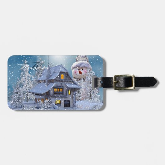 Kerst Monogram Winter Wit Sneeuwman Blauw Bagagelabel (Voorkant horizontaal)
