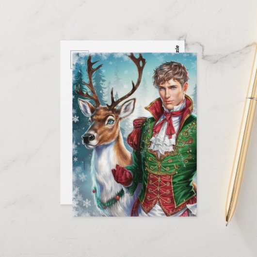 Kerst Mooi blond man en een rendier Briefkaart (Voorkant / Achterkant in situ)