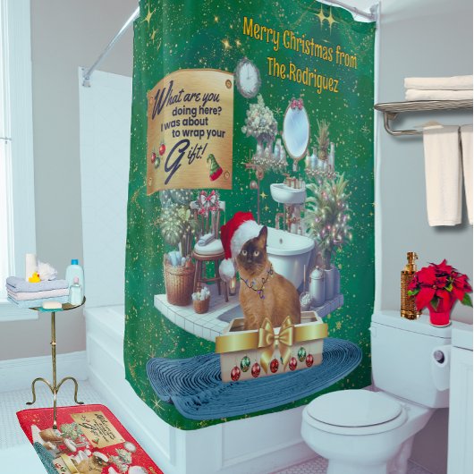 Kerst Mopcat in Katheterbak Douchegordijn