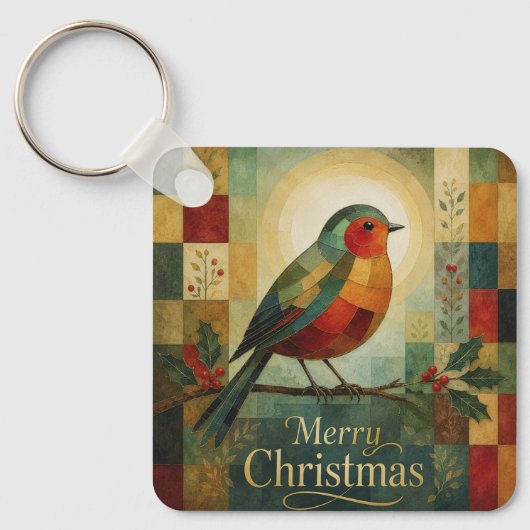 Kerst Mosaic Roodborst Vogel Hulst Bes Sleutelhanger (Voorkant)