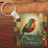 Kerst Mosaic Roodborst Vogel Hulst Bes Sleutelhanger (Voorkant)
