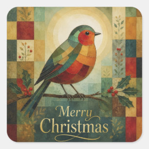 Kerst Mosaic Roodborst Vogel Hulst Bes Vierkante Sticker