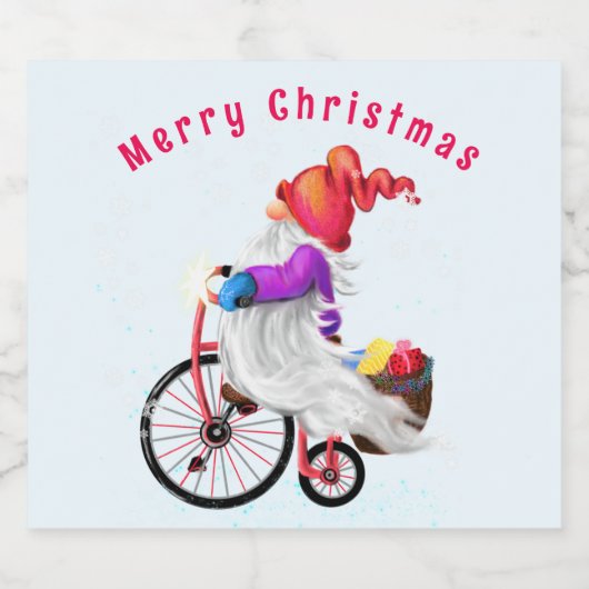 Kerst Mousserende Wijn Label Gnome met fiets Sparkling Wijnetiket (Enkel label)