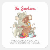 Kerst Muizen Familie Van Vier Retouradres Vierkante Sticker (Voorkant)