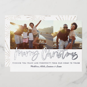 Kerst multi-foto modern zilver script chic folie feestdagenkaart