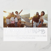 Kerst multi-foto modern zilver script chic folie feestdagenkaart (Voorkant)
