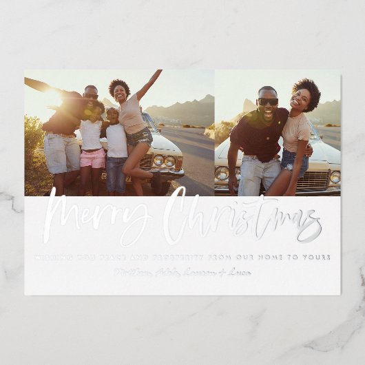Kerst multi-foto modern zilver script chic folie feestdagenkaart (Voorkant)