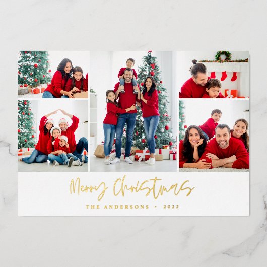 Kerst multi foto script modern rood en groen folie feestdagenkaart (Voorkant)