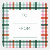 Kerst naar Gingham Groen Roze Rood Vierkante Sticker (Voorkant)