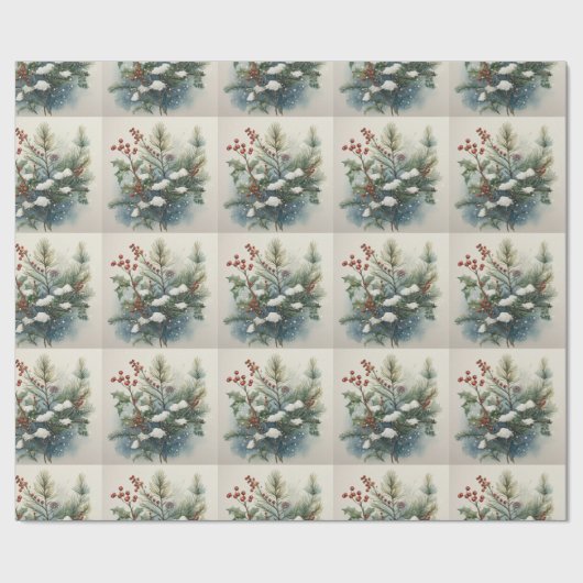 Kerst Natuur Boeket met Holly Berry Cadeaupapier (Vlak)