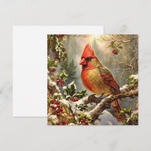 Kerst Natuur Bos met Holly Berry, Vogel Feestdagenkaart (Voorkant / Achterkant)
