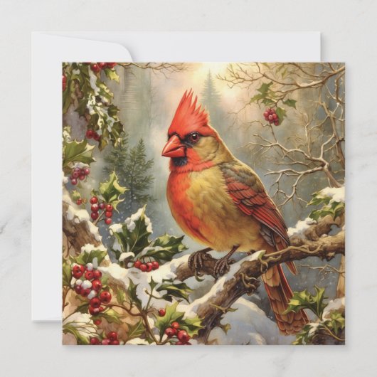 Kerst Natuur Bos met Holly Berry, Vogel Feestdagenkaart (Voorkant)