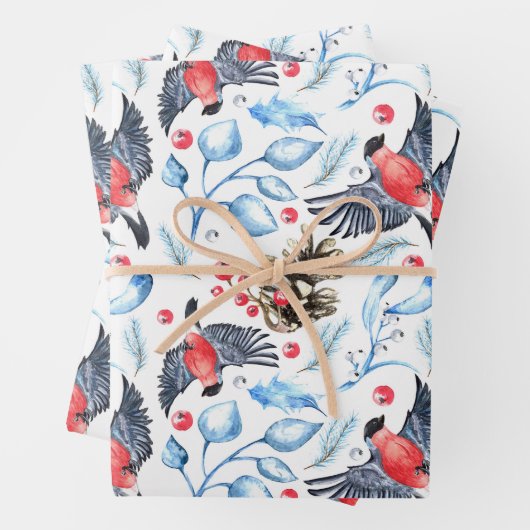 Kerst Natuur Patroon met Vogels en Bessen Inpakpapier Vel (In situ)