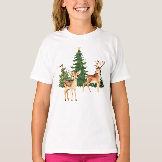 Kerst Natuur Rendieren Kardinalen Xmas Trees T-shirt (Voorkant)