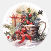 Kerst Natuurlijke Holly Bessen Pinecones Rode Boog Ronde Sticker (Voorkant)